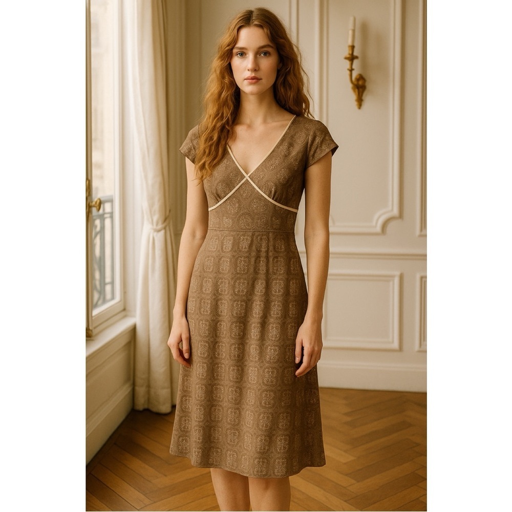 LOFT Taupe Brown Patterned V‑Neck Dress with Cream Trim